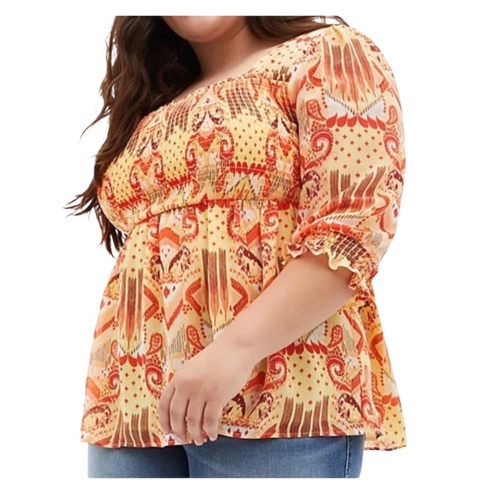 Torrid Smocked Babydoll Chiffon Blouse 1x Ikat Sheer Flowy Southwestern